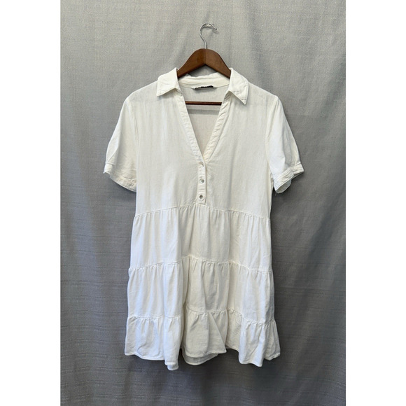 Zara Linen Mini Dress Women Size M White Tiered Beachy Coastal - Picture 2 of 8